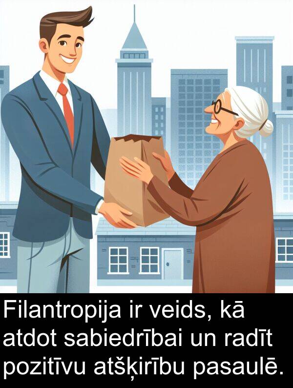 sabiedrībai: Filantropija ir veids, kā atdot sabiedrībai un radīt pozitīvu atšķirību pasaulē.