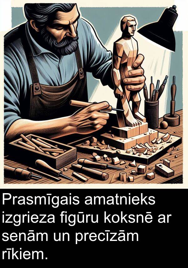 koksnē: Prasmīgais amatnieks izgrieza figūru koksnē ar senām un precīzām rīkiem.