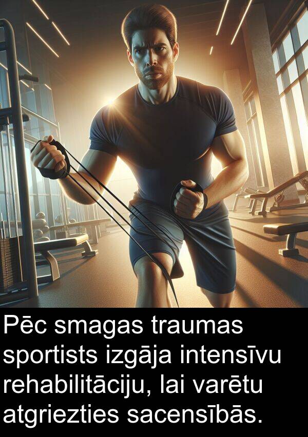 sacensībās: Pēc smagas traumas sportists izgāja intensīvu rehabilitāciju, lai varētu atgriezties sacensībās.