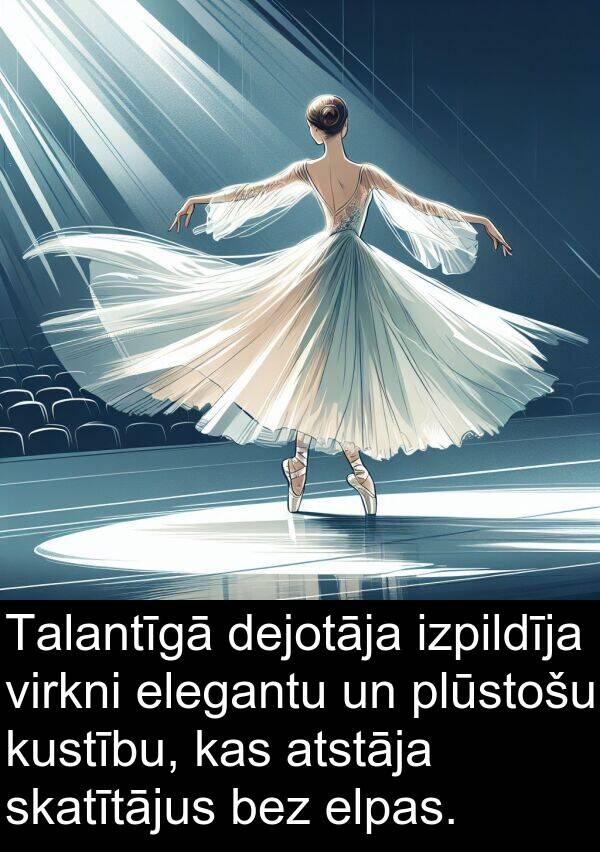 kustību: Talantīgā dejotāja izpildīja virkni elegantu un plūstošu kustību, kas atstāja skatītājus bez elpas.