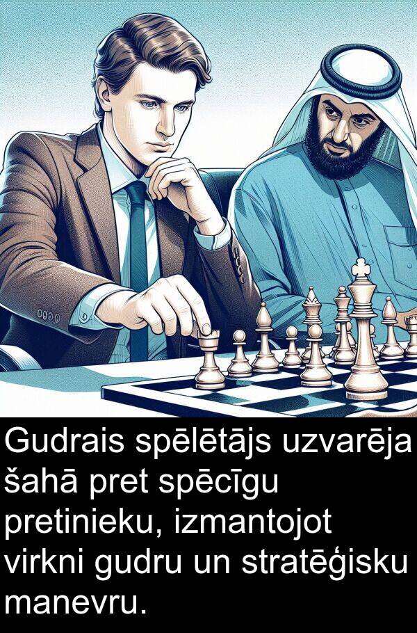 virkni: Gudrais spēlētājs uzvarēja šahā pret spēcīgu pretinieku, izmantojot virkni gudru un stratēģisku manevru.