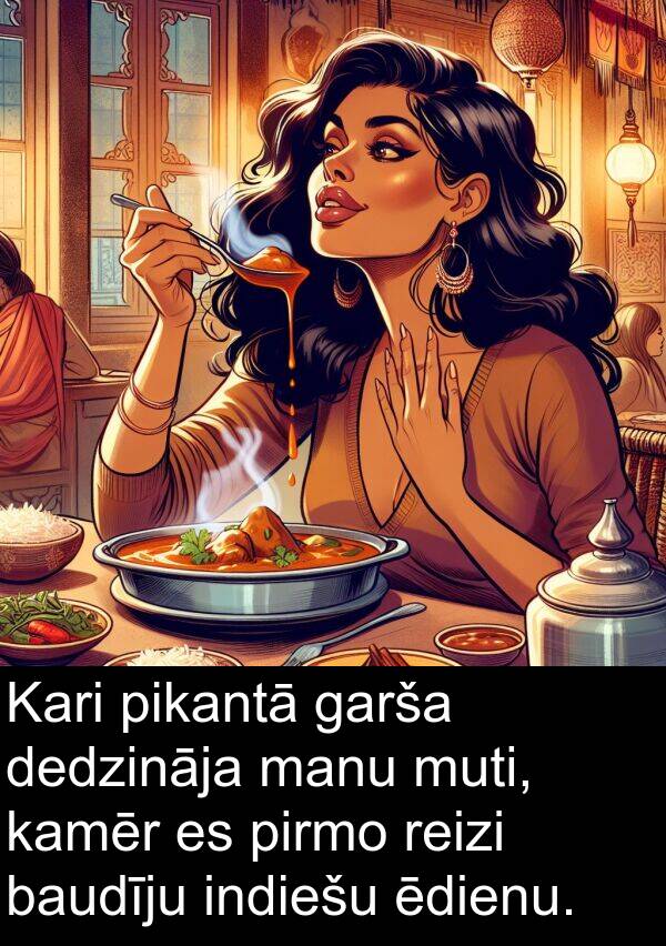 ēdienu: Kari pikantā garša dedzināja manu muti, kamēr es pirmo reizi baudīju indiešu ēdienu.