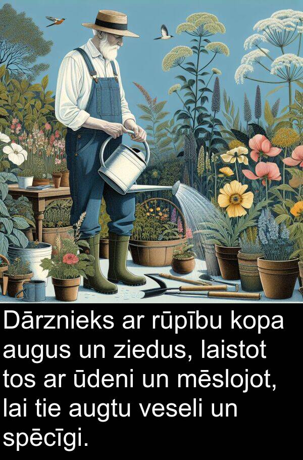 kopa: Dārznieks ar rūpību kopa augus un ziedus, laistot tos ar ūdeni un mēslojot, lai tie augtu veseli un spēcīgi.