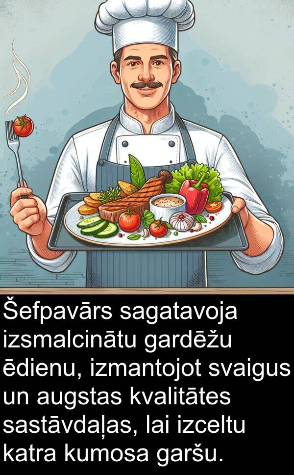 kvalitātes: Šefpavārs sagatavoja izsmalcinātu gardēžu ēdienu, izmantojot svaigus un augstas kvalitātes sastāvdaļas, lai izceltu katra kumosa garšu.