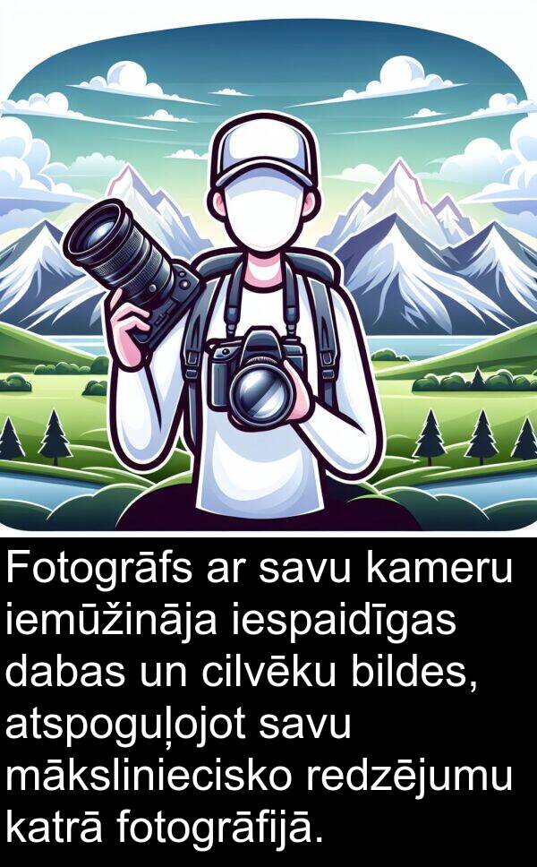 kameru: Fotogrāfs ar savu kameru iemūžināja iespaidīgas dabas un cilvēku bildes, atspoguļojot savu māksliniecisko redzējumu katrā fotogrāfijā.