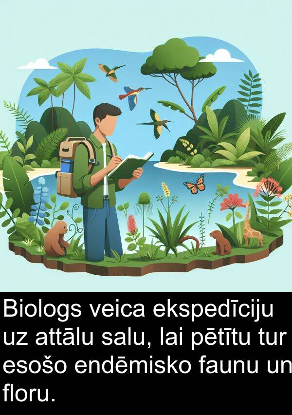 ekspedīciju: Biologs veica ekspedīciju uz attālu salu, lai pētītu tur esošo endēmisko faunu un floru.