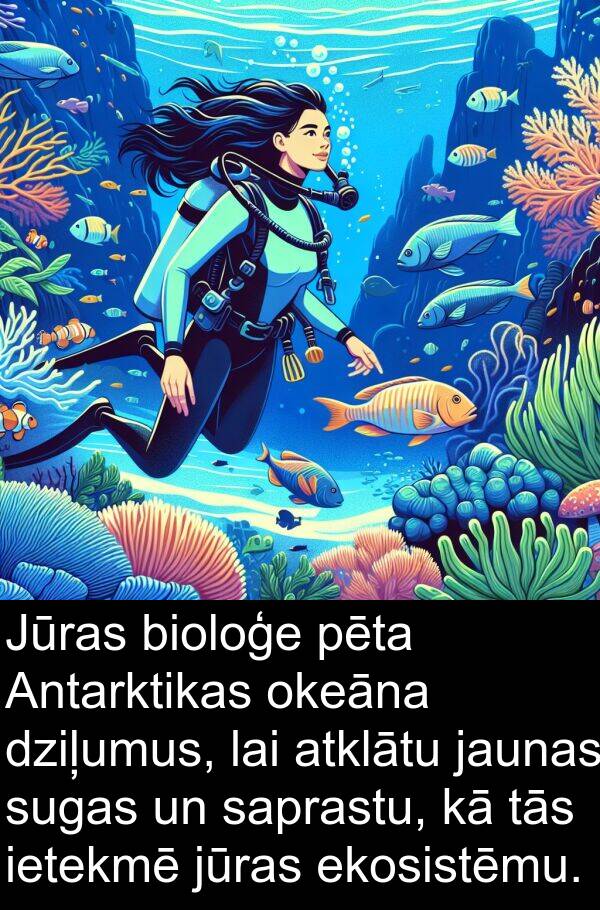sugas: Jūras bioloģe pēta Antarktikas okeāna dziļumus, lai atklātu jaunas sugas un saprastu, kā tās ietekmē jūras ekosistēmu.