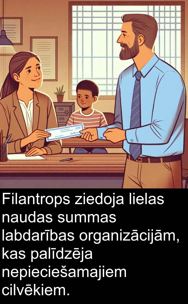 naudas: Filantrops ziedoja lielas naudas summas labdarības organizācijām, kas palīdzēja nepieciešamajiem cilvēkiem.