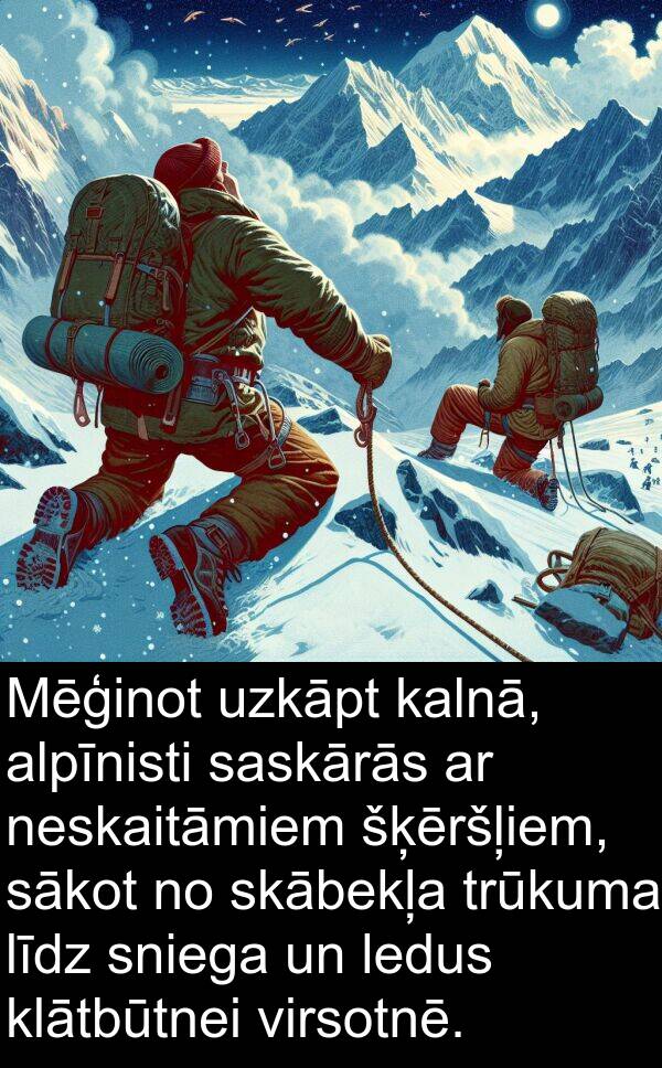 kalnā: Mēģinot uzkāpt kalnā, alpīnisti saskārās ar neskaitāmiem šķēršļiem, sākot no skābekļa trūkuma līdz sniega un ledus klātbūtnei virsotnē.