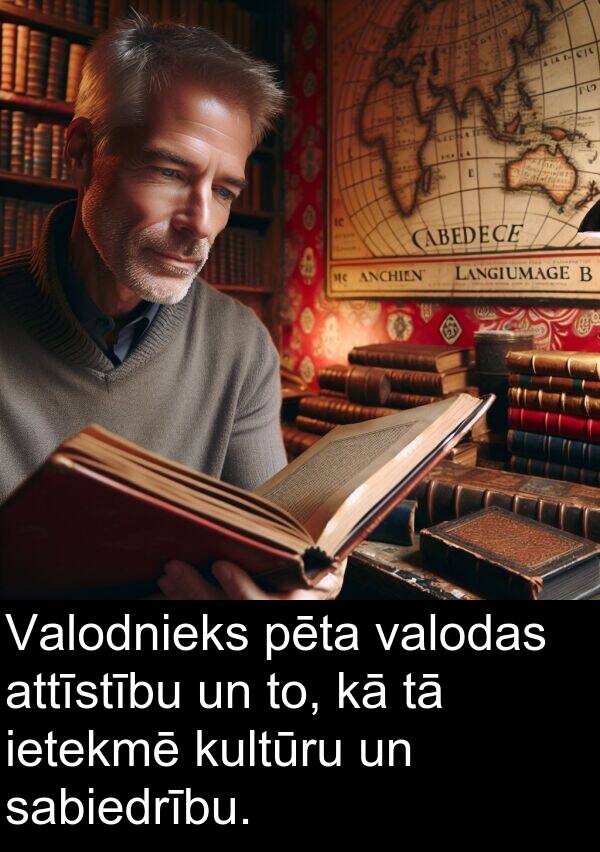 kultūru: Valodnieks pēta valodas attīstību un to, kā tā ietekmē kultūru un sabiedrību.