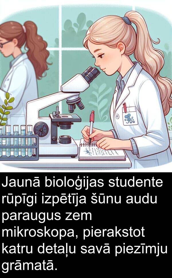 zem: Jaunā bioloģijas studente rūpīgi izpētīja šūnu audu paraugus zem mikroskopa, pierakstot katru detaļu savā piezīmju grāmatā.