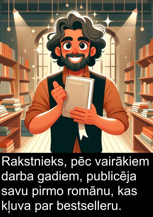 gadiem: Rakstnieks, pēc vairākiem darba gadiem, publicēja savu pirmo romānu, kas kļuva par bestselleru.