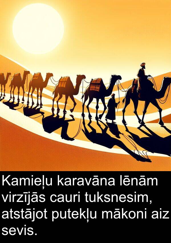 mākoni: Kamieļu karavāna lēnām virzījās cauri tuksnesim, atstājot putekļu mākoni aiz sevis.