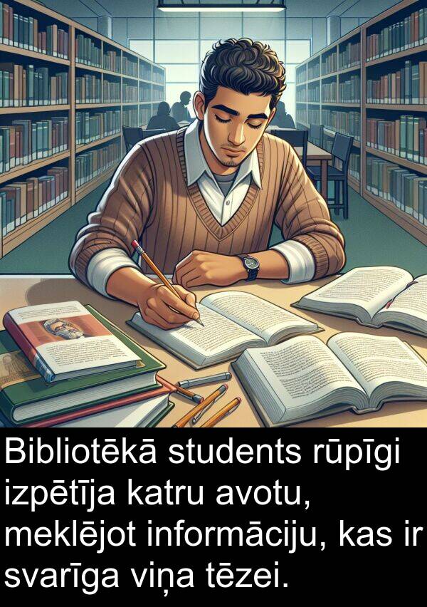 avotu: Bibliotēkā students rūpīgi izpētīja katru avotu, meklējot informāciju, kas ir svarīga viņa tēzei.