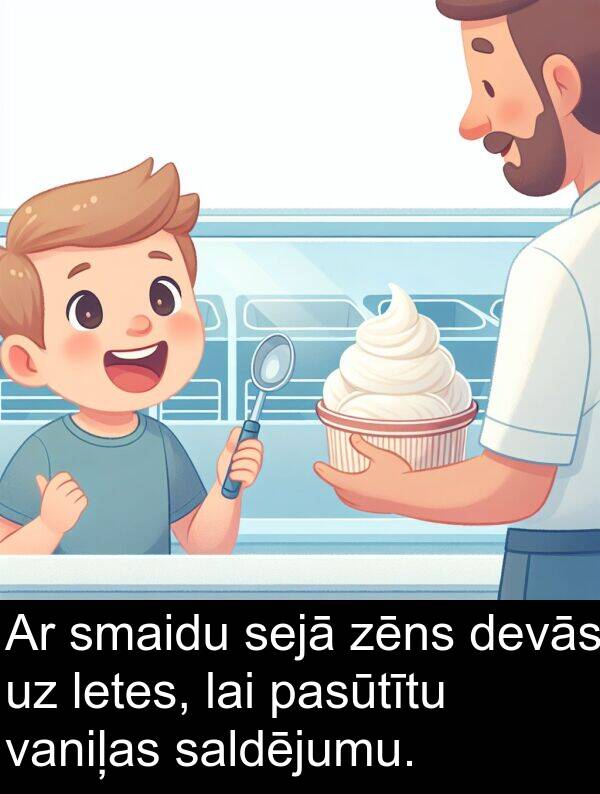 zēns: Ar smaidu sejā zēns devās uz letes, lai pasūtītu vaniļas saldējumu.