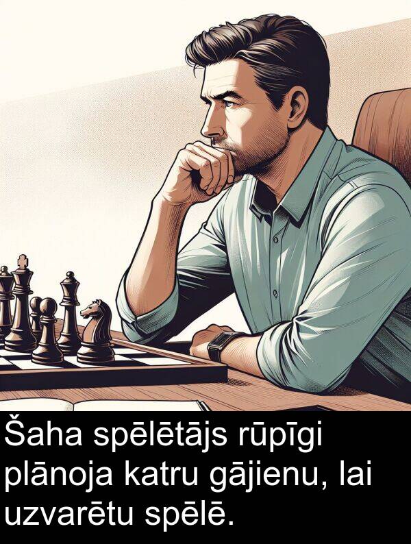 plānoja: Šaha spēlētājs rūpīgi plānoja katru gājienu, lai uzvarētu spēlē.