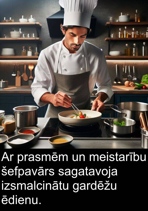ēdienu: Ar prasmēm un meistarību šefpavārs sagatavoja izsmalcinātu gardēžu ēdienu.