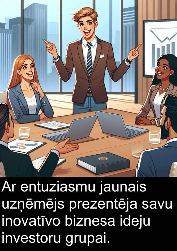 ideju: Ar entuziasmu jaunais uzņēmējs prezentēja savu inovatīvo biznesa ideju investoru grupai.