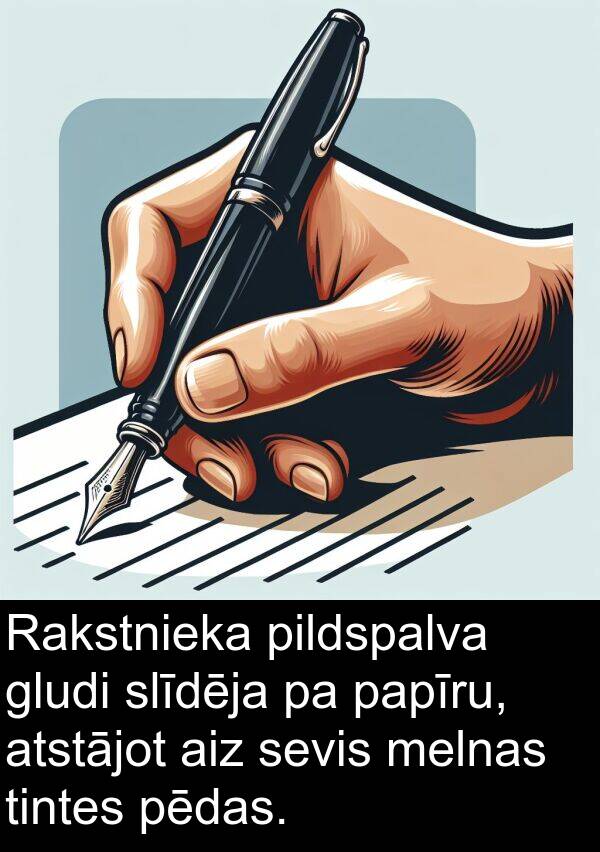 pēdas: Rakstnieka pildspalva gludi slīdēja pa papīru, atstājot aiz sevis melnas tintes pēdas.