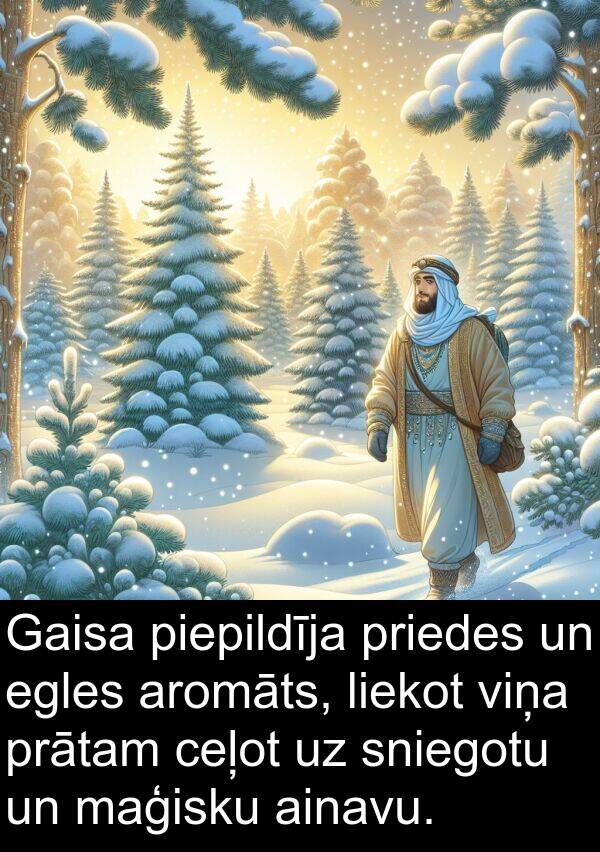 ceļot: Gaisa piepildīja priedes un egles aromāts, liekot viņa prātam ceļot uz sniegotu un maģisku ainavu.