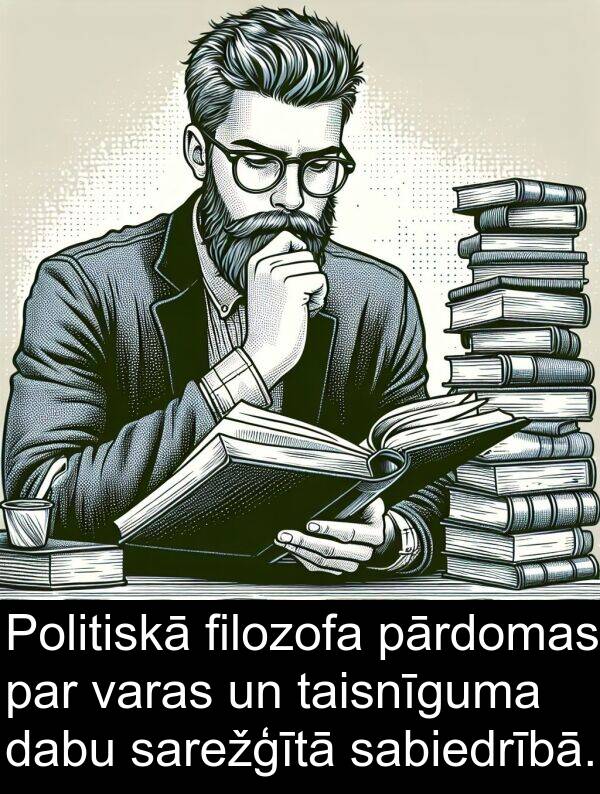 filozofa: Politiskā filozofa pārdomas par varas un taisnīguma dabu sarežģītā sabiedrībā.