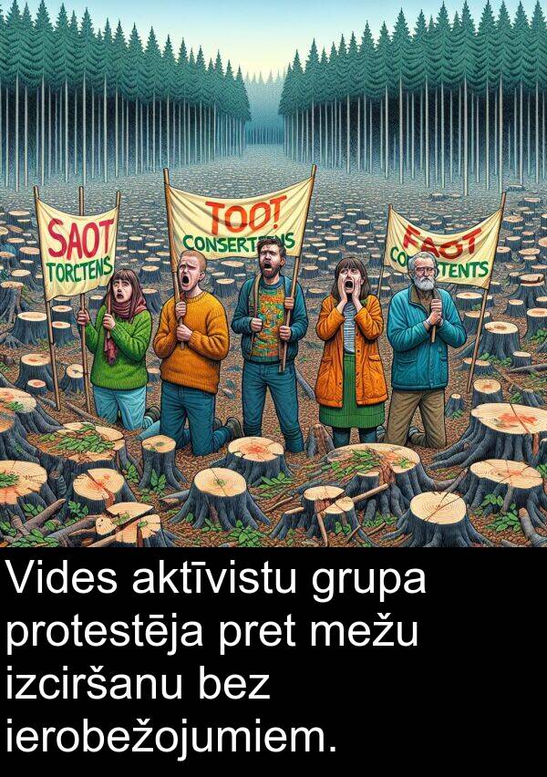 mežu: Vides aktīvistu grupa protestēja pret mežu izciršanu bez ierobežojumiem.
