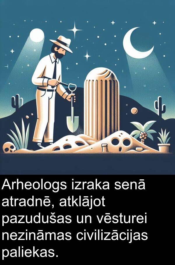 pazudušas: Arheologs izraka senā atradnē, atklājot pazudušas un vēsturei nezināmas civilizācijas paliekas.
