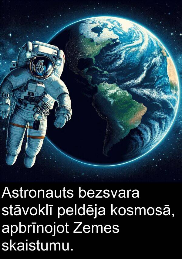 kosmosā: Astronauts bezsvara stāvoklī peldēja kosmosā, apbrīnojot Zemes skaistumu.