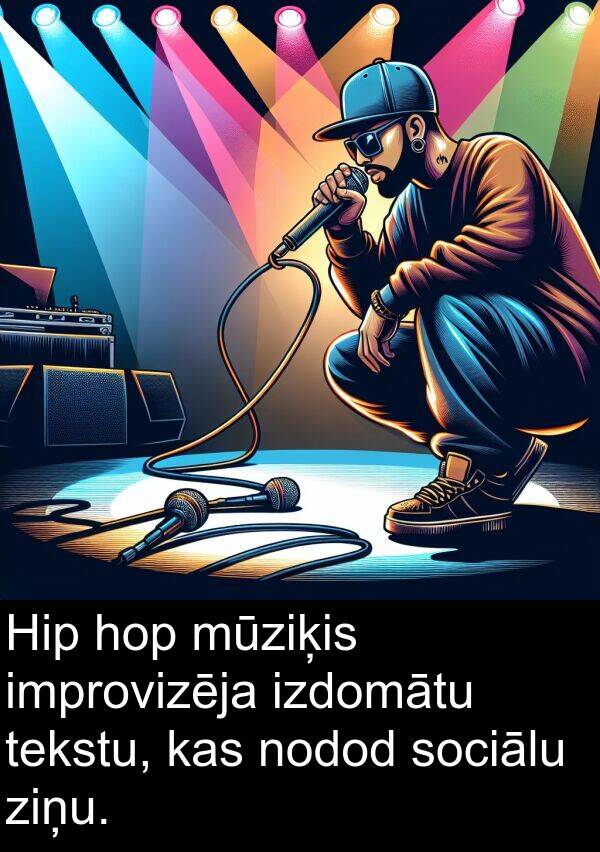 hop: Hip hop mūziķis improvizēja izdomātu tekstu, kas nodod sociālu ziņu.