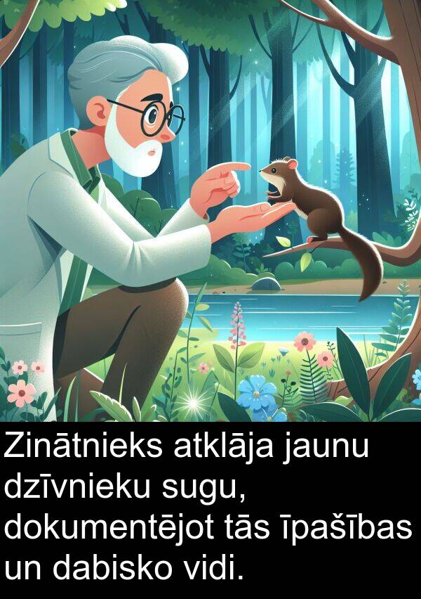 sugu: Zinātnieks atklāja jaunu dzīvnieku sugu, dokumentējot tās īpašības un dabisko vidi.