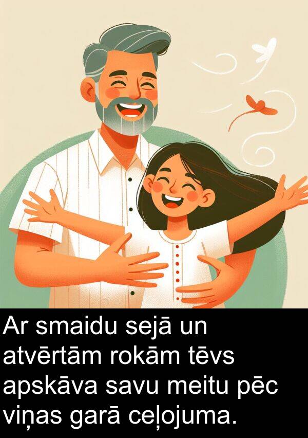 pēc: Ar smaidu sejā un atvērtām rokām tēvs apskāva savu meitu pēc viņas garā ceļojuma.