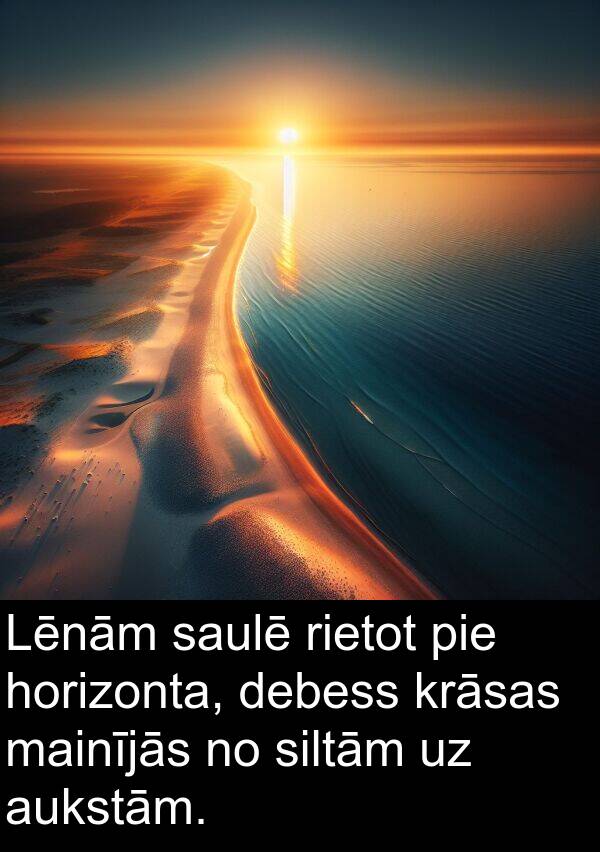 krāsas: Lēnām saulē rietot pie horizonta, debess krāsas mainījās no siltām uz aukstām.