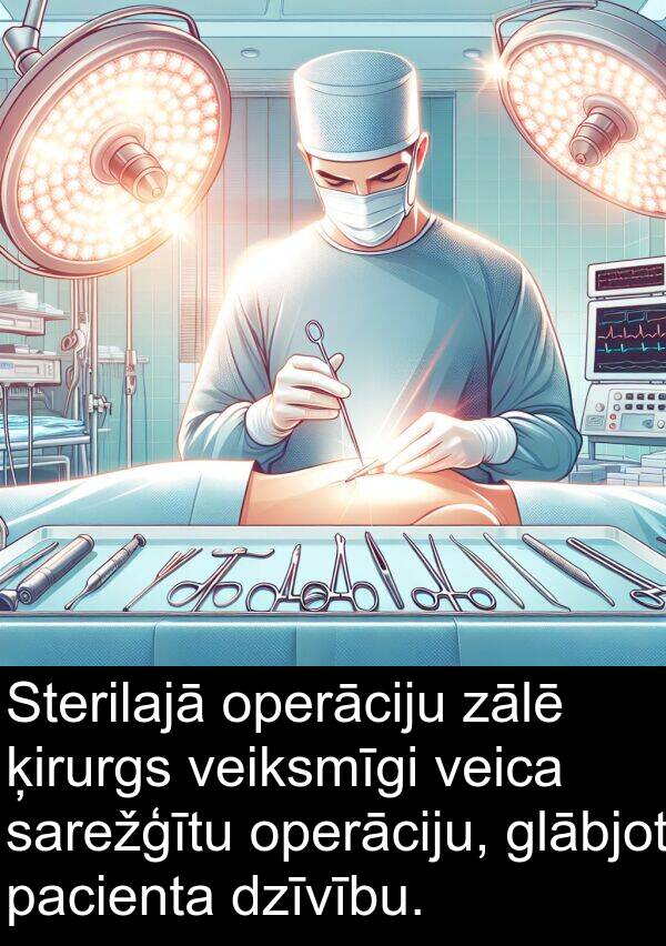 ķirurgs: Sterilajā operāciju zālē ķirurgs veiksmīgi veica sarežģītu operāciju, glābjot pacienta dzīvību.