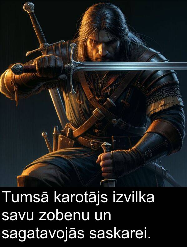 sagatavojās: Tumsā karotājs izvilka savu zobenu un sagatavojās saskarei.