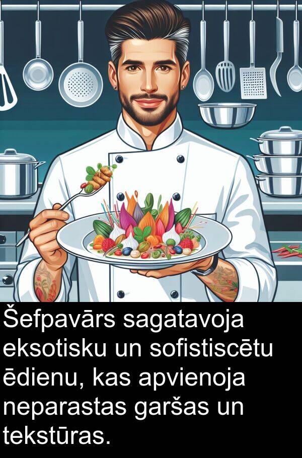 ēdienu: Šefpavārs sagatavoja eksotisku un sofistiscētu ēdienu, kas apvienoja neparastas garšas un tekstūras.