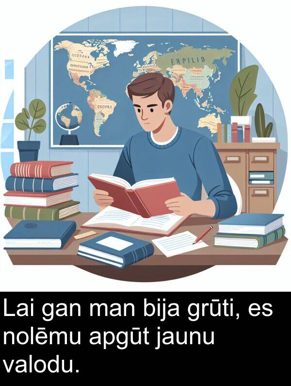 apgūt: Lai gan man bija grūti, es nolēmu apgūt jaunu valodu.