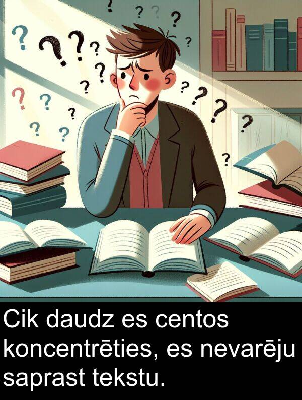 koncentrēties: Cik daudz es centos koncentrēties, es nevarēju saprast tekstu.