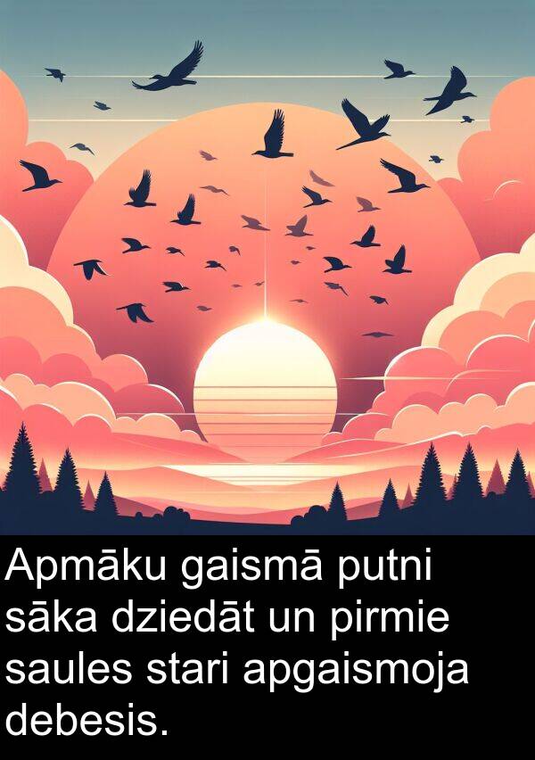 gaismā: Apmāku gaismā putni sāka dziedāt un pirmie saules stari apgaismoja debesis.