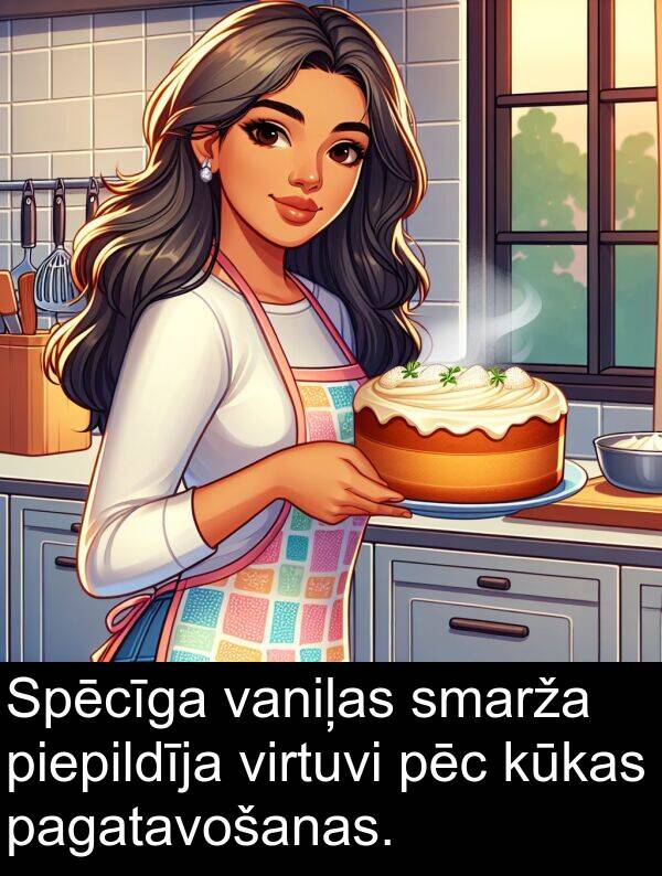 pēc: Spēcīga vaniļas smarža piepildīja virtuvi pēc kūkas pagatavošanas.