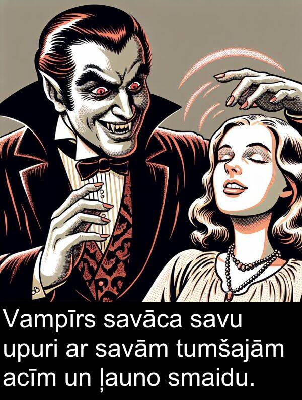 acīm: Vampīrs savāca savu upuri ar savām tumšajām acīm un ļauno smaidu.