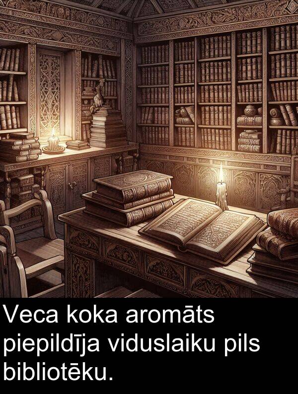 koka: Veca koka aromāts piepildīja viduslaiku pils bibliotēku.