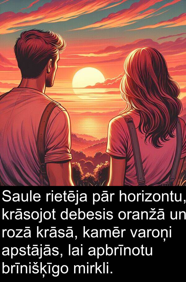 krāsā: Saule rietēja pār horizontu, krāsojot debesis oranžā un rozā krāsā, kamēr varoņi apstājās, lai apbrīnotu brīnišķīgo mirkli.