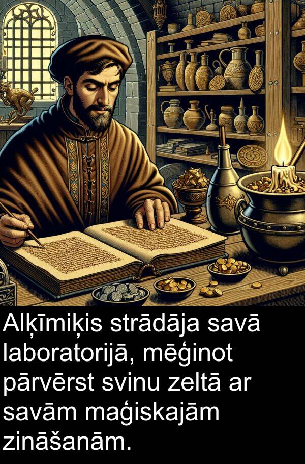 maģiskajām: Alķīmiķis strādāja savā laboratorijā, mēģinot pārvērst svinu zeltā ar savām maģiskajām zināšanām.