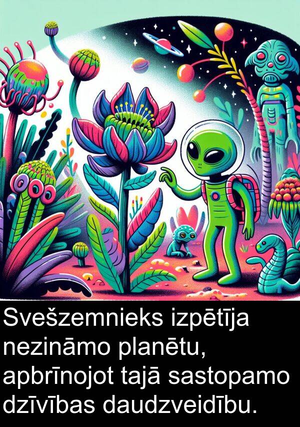 apbrīnojot: Svešzemnieks izpētīja nezināmo planētu, apbrīnojot tajā sastopamo dzīvības daudzveidību.