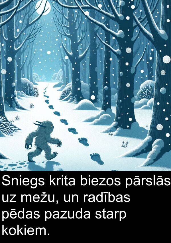 krita: Sniegs krita biezos pārslās uz mežu, un radības pēdas pazuda starp kokiem.