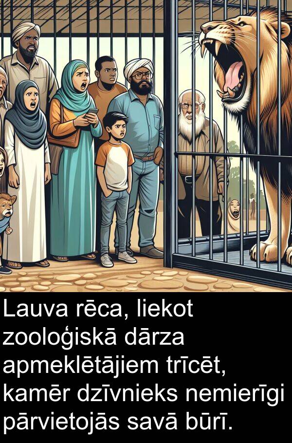 apmeklētājiem: Lauva rēca, liekot zooloģiskā dārza apmeklētājiem trīcēt, kamēr dzīvnieks nemierīgi pārvietojās savā būrī.
