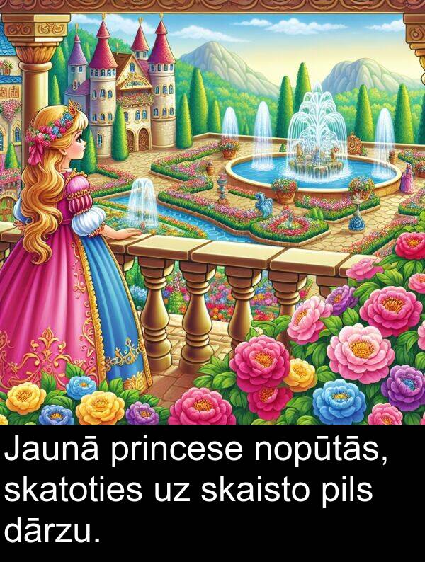skatoties: Jaunā princese nopūtās, skatoties uz skaisto pils dārzu.