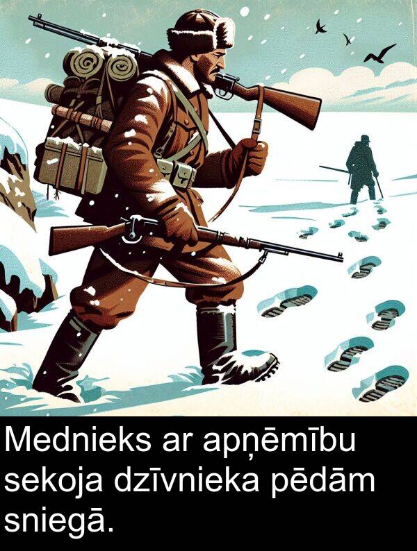 sniegā: Mednieks ar apņēmību sekoja dzīvnieka pēdām sniegā.