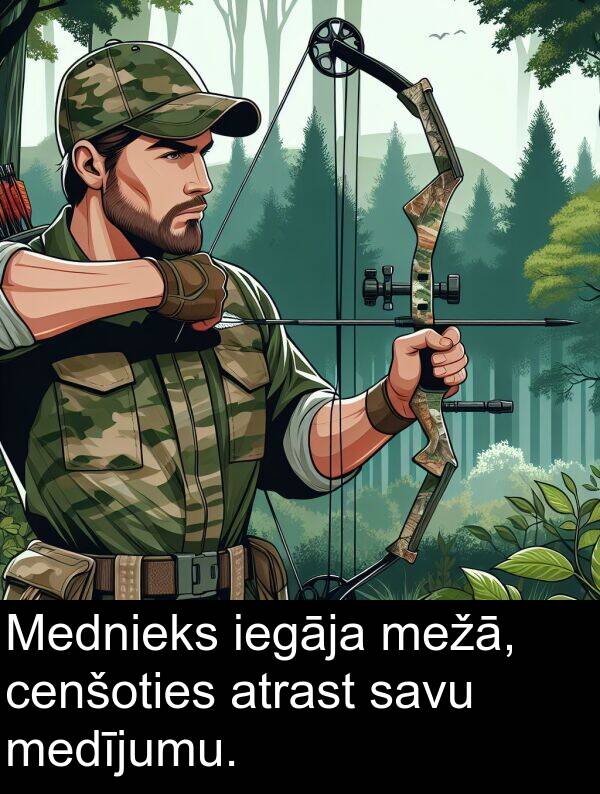 cenšoties: Mednieks iegāja mežā, cenšoties atrast savu medījumu.