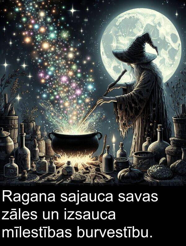 zāles: Ragana sajauca savas zāles un izsauca mīlestības burvestību.